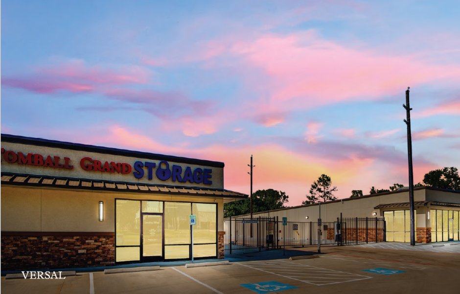 Tomball Grand Storage facility at sunset